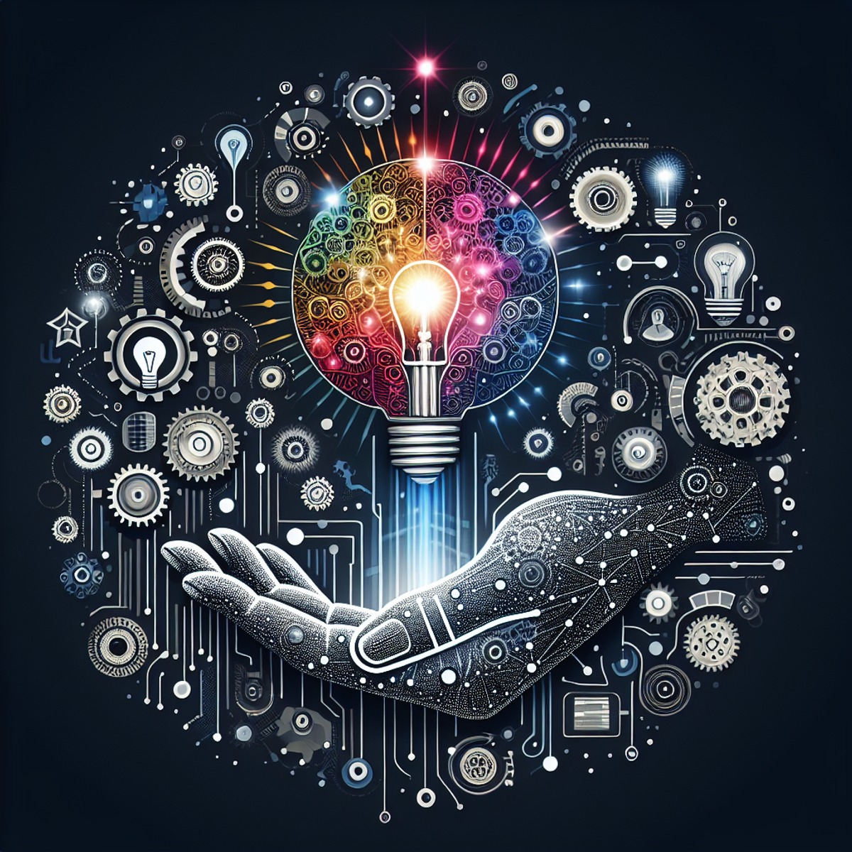 An abstract image featuring gears, light bulbs, a brain, and circuits arranged in a dynamic pattern to symbolize the fusion of creativity and artificial intelligence in content creation.